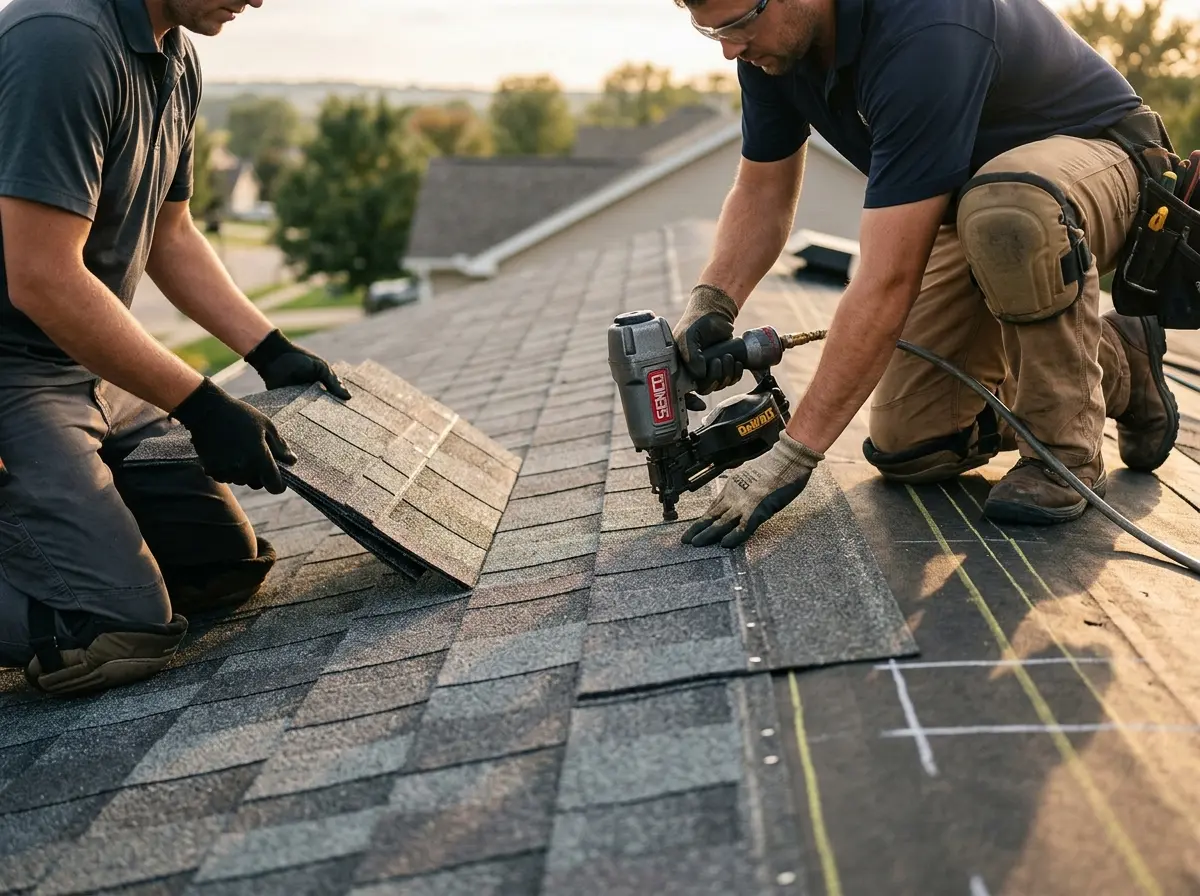 Professional roofer working on a residential roof in Kaufman